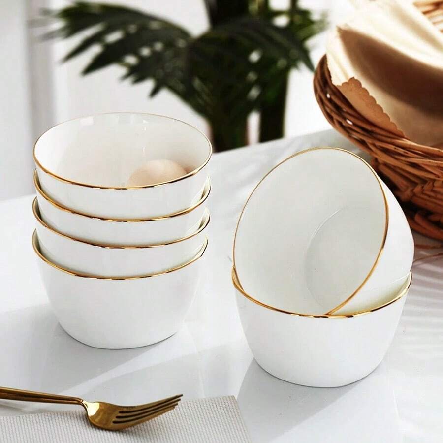 4.5inch Gold-Edged Ceramic Square Bowls, 3pcs/Set, Microwave Friendly Porcelain Rice Bowls, Soup/Ramen/Salad Bowls, Creative Japanese-Style Gold Rim Small Bowls