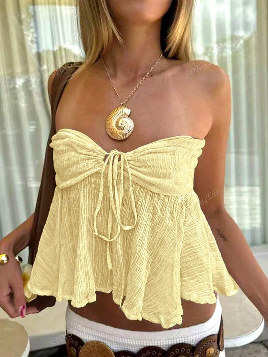 Purely Sensual Bohemian Style Butter Yellow Cutout Knotted Halter Top