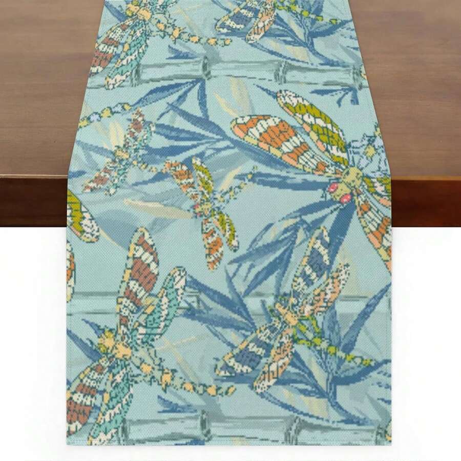 1 pieza Camino de mesa impreso con libélula acuarela, adecuado para fiestas interiores/exteriores, decoración del hogar, decoración de mesa de primavera/verano