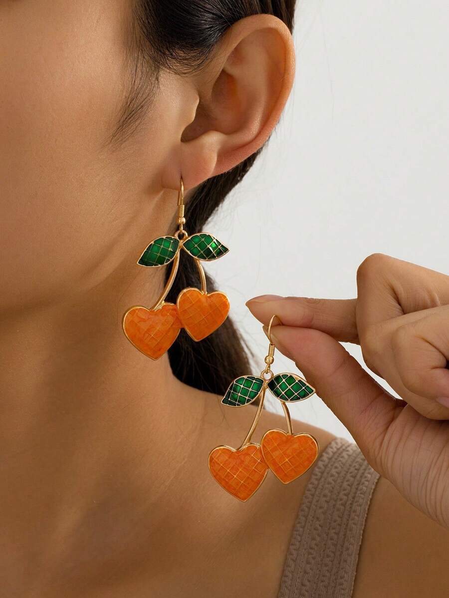 1 Par de Pendientes con Colgante en Forma de Cereza y Corazón de Gota de Aceite, Estilo Dulce y Lindo para Mujer