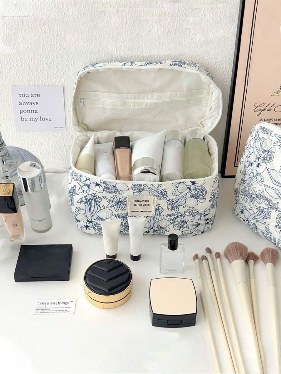 3pcs/1pc Ditsy Floral Quilted Canvas Cosmetic Bag, Large Capacity Portable Toiletry Bag, Travel Makeup Organizer Pouch