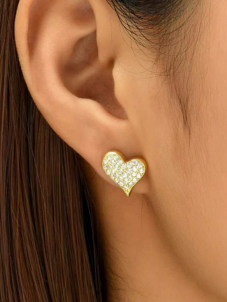 1 Pair Fashionable High-End Cubic Zirconia 18K Gold-Plated Heart Earrings, Delicate Minimalist Jewelry Accessories