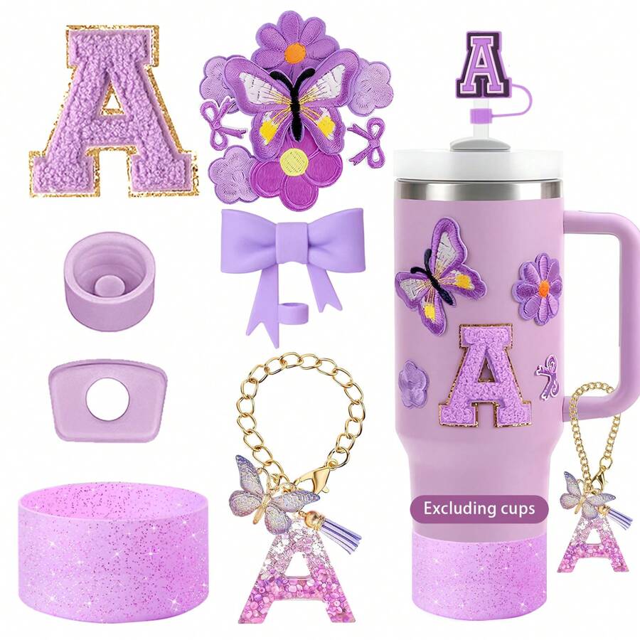 Accesorios especialmente diseñados para tazas, accesorios para tazas con estilo de lazo morado, de 30 y 40 onzas, tapa con pajita de silicona, colgante con letra de identificación, letras autoadhesivas Schunier. Cubierta protectora para tazas y varios accesorios