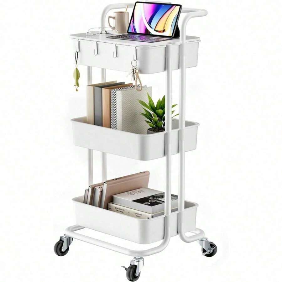 3 Tier Rolling Cart With Table Top, Utility Cart With Wheels & 4 Hooks, Rolling Storage Cart For Home Storage And Organization, White, PIUC09W