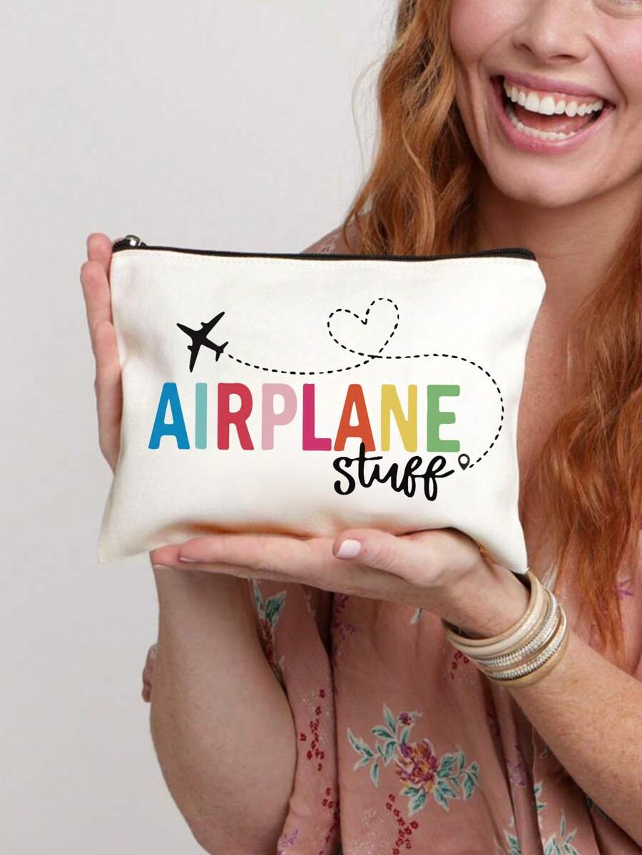 Bolsa portátil estampada con motivos de "cosas de avión" en multicolor - de poliéster con cremallera y sin forro, con anilla - ideal para guardar pasaportes, teléfonos y talla grande, para viajes, la escuela y artículos esenciales, bolsa de viaje, bolsa de cosméticos
