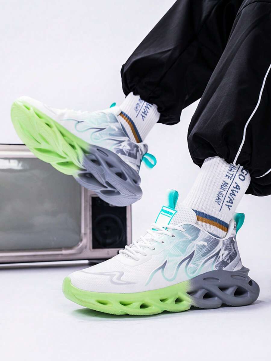 Men's Casual Sports Shoes, Streamlined Gradient Color Outsole With Lightweight Shock Absorption, Breathable White Mesh Sports Shoes, Available In Pink, Green And Blue Colorways, Suitable For Outdoor Activities