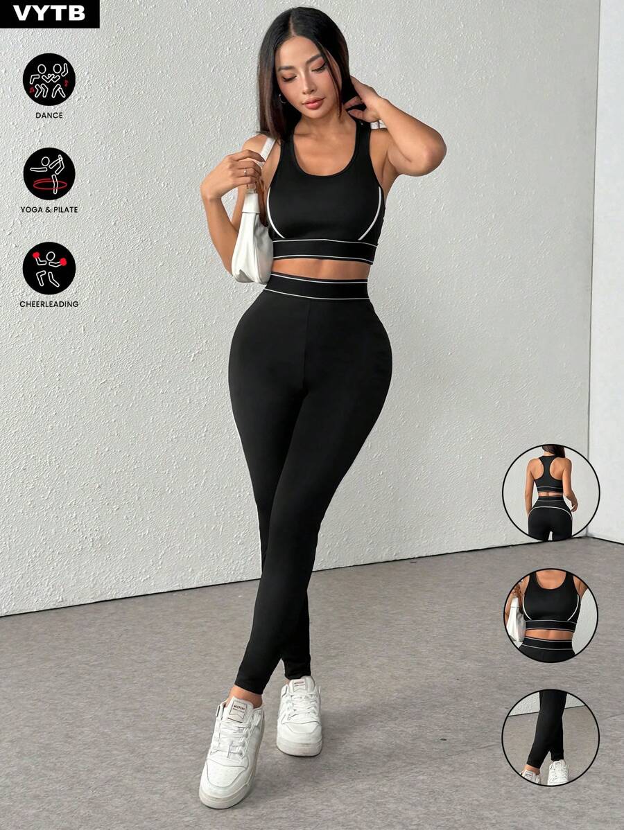 Set de 2 piezas con top corto sin espalda y mallas deportivas de cintura alta, conjunto casual de entrenamiento y acondicionamiento físico para exterior
