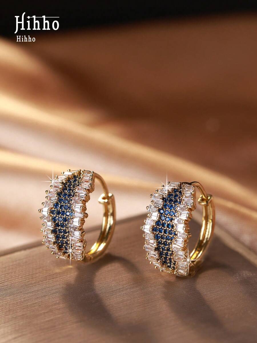 Hihho 1 par de brincos de argola geométricos incrustados com zircônia roxa e zircônia branca, acessório pessoal moderno e elegante, adequado para uso diário feminino, presente para festas e feriados