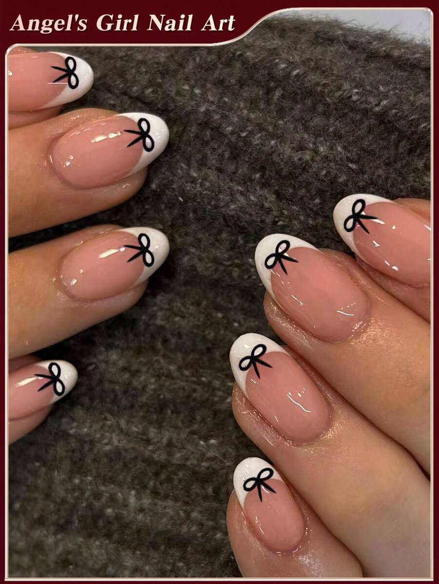 24pcs Short Oval Cute Bow Pattern Design White French Tip Press On Nails Short Fit Perfectly Acrylic Fake Nail Set ,Include:1pc Jelly Glue And 1pc Nail File, French Tip Nails For Women And Girls Daily Life And Party Valentine's Day Use