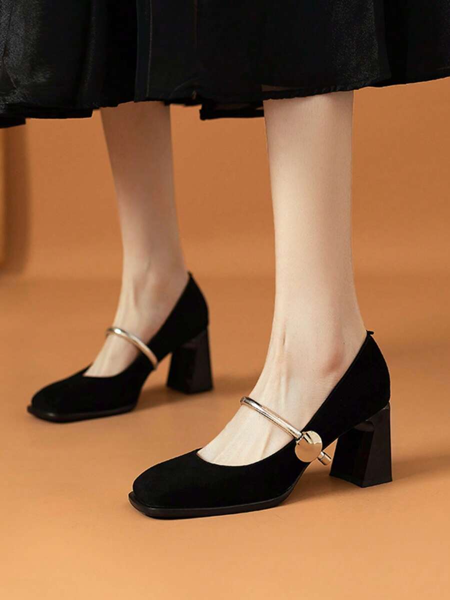 2025 New Spring Retro Chunky Heel Mary Jane Shoes Strap Buckle Closure Square Toe Pumps For Women