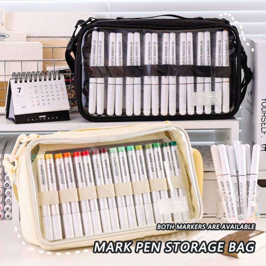 1 st. Grote capaciteit acryl marker pen opbergtas, houdt tot 64 pennen + schetsboek vast, meerlaagse handzame schoudertas met doorzichtig venster, multifunctionele kantoorbenodigdheden organizer, voor studenten