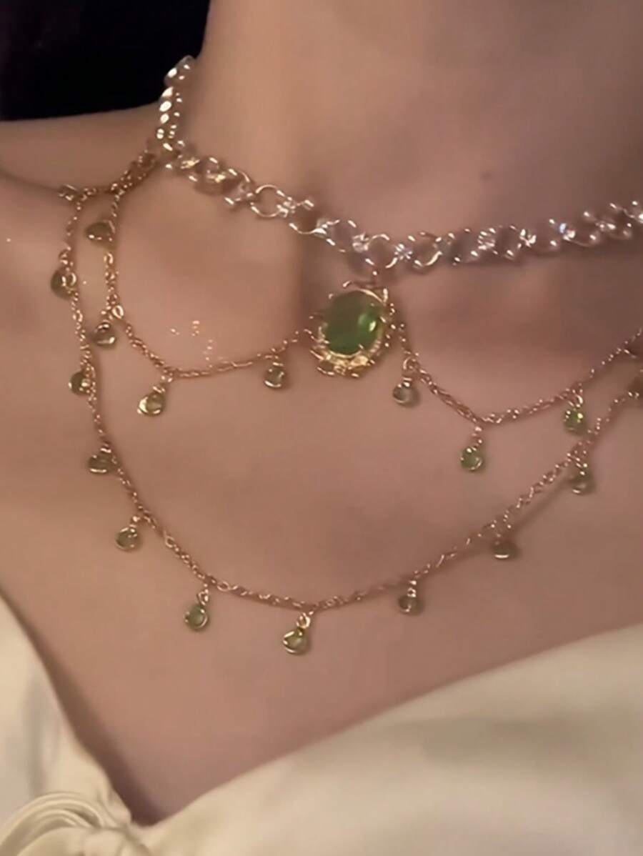 1pc Green Water Drop Faux Pearl Double Layer Necklace For Women, Luxurious Elegant Bone Chain