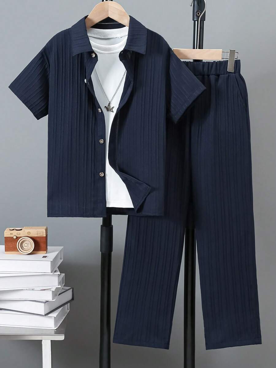 2pcs Outfit: Textured Solid Color Short Sleeve Casual Shirt & Straight Leg Textured Pants For Older Boys, Daily/Outdoor Wear