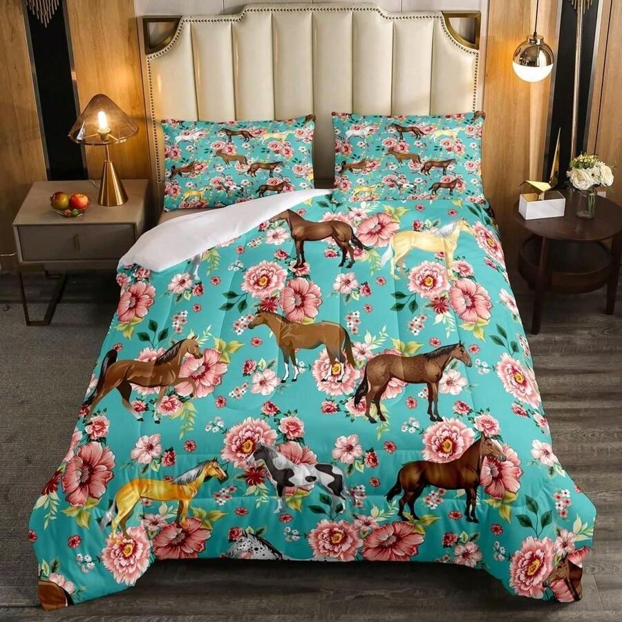 Kids Horse Bedding Set Chic Retro Floral Bedding Comforter Set For Girls Teens Galloping Horse Printed Comforter 3D Wild Farm Animal Duvet Set Bedroom Decor Quilt Set 2Pcs Twin Size, Green Pink