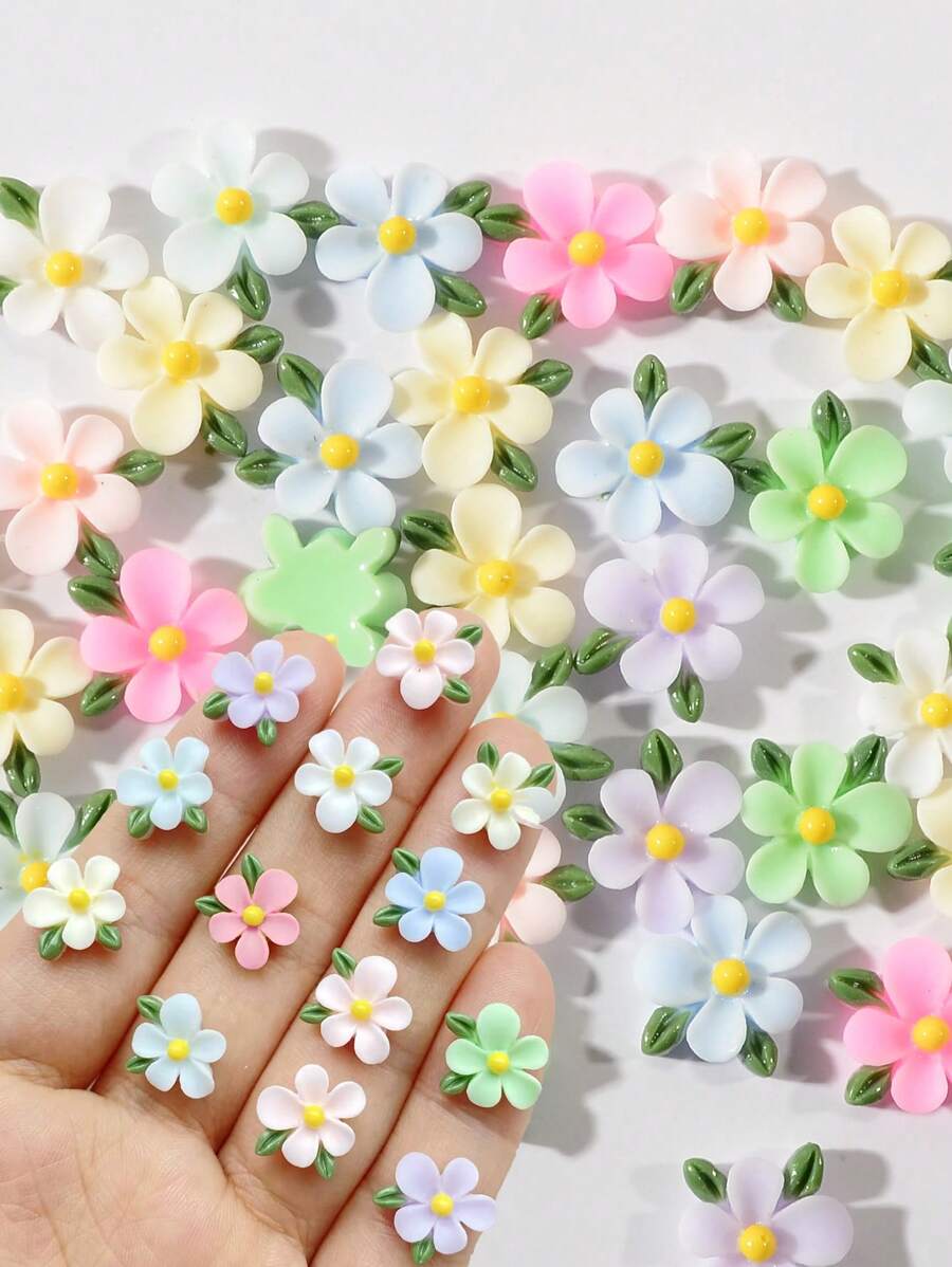 50Pcs 3D Five-Petal Flower Nail Charms Mixed Colors Spring Summer Flower Leaf Nail Art Resin Nail Supplies Y2K Nails Design For Girl Women DIY Craft Accessories Wedding