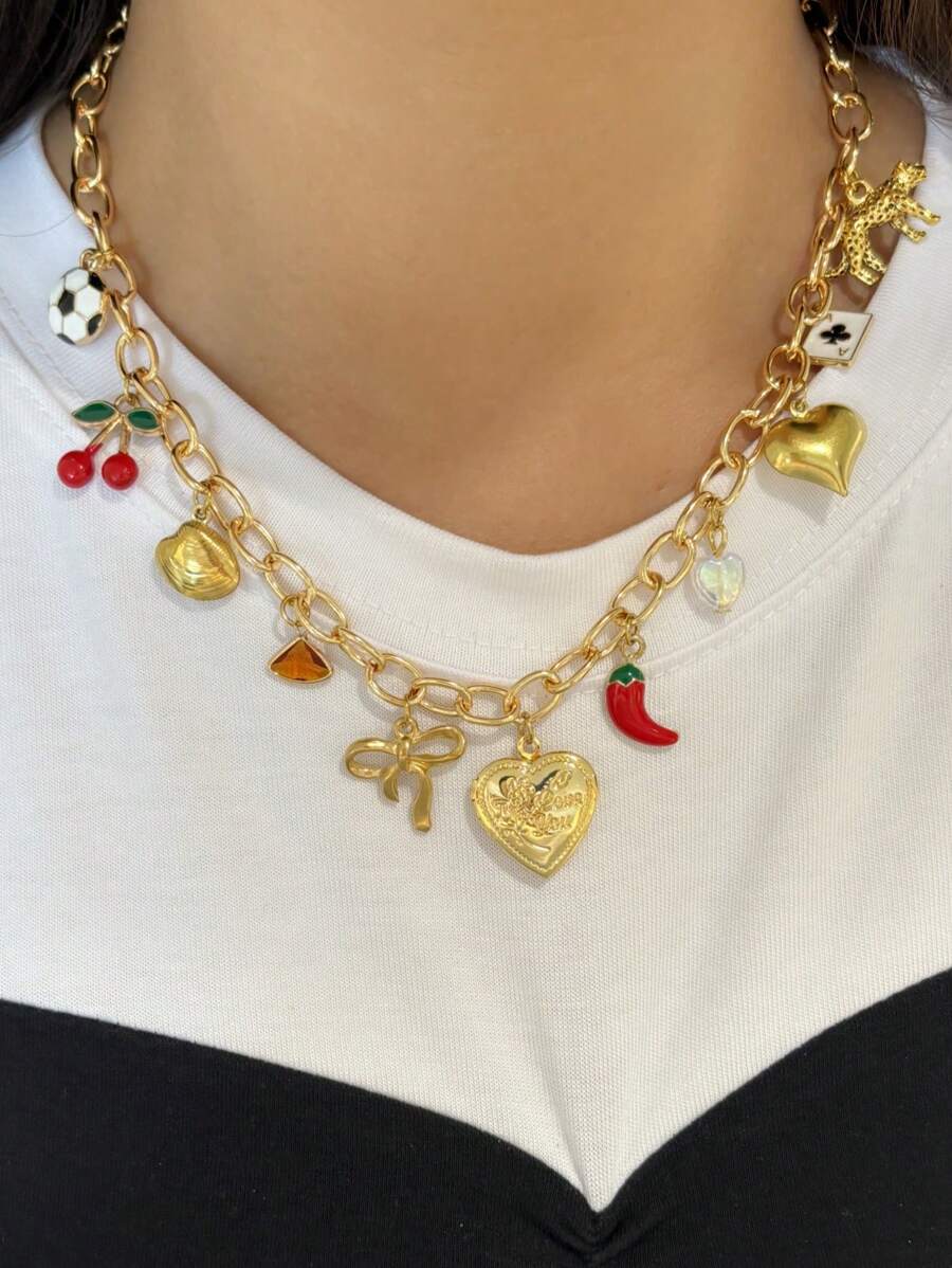 1 pièce Collier ras-du-cou avec pendentif charm de dopamine, cerise, cœur, étoile de mer, poivron, fausse perle, nœud papillon. Accessoire de bijouterie fantaisie pour femme, pour la fête et usage quotidien