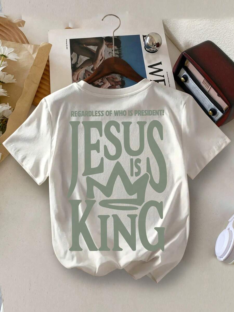 Camiseta de verano de cuello redondo casual y simple con gráfico impreso "JESUS IS KING" para niño