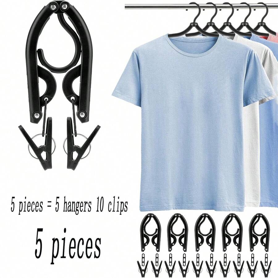 5pcs (5 Hangers And 10 Clips) Foldable Travel Clothes Hanger, Essential For Long Journeys, Portable Plastic Folding Clothes Hanger For Suitcase, Hotel, RV, Road Trip, Flight, Camping