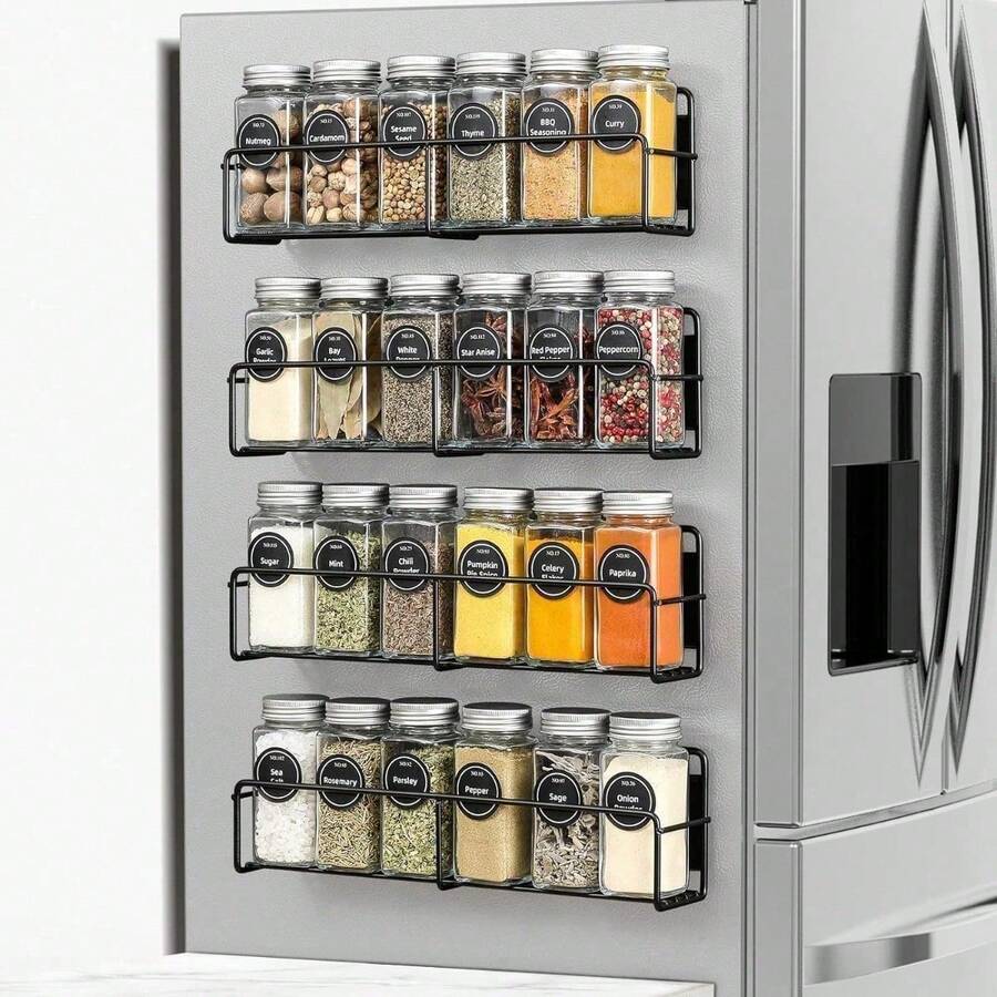 Estantería magnética para especias, paquete de 4, 24 frascos de vidrio cuadrados con tapas, etiquetas pre-impresas de fácil identificación, embudo, ahorra espacio, organizador para refrigerador y microondas