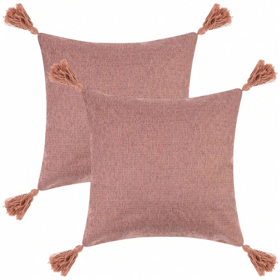 2 Pcs Linen Fringe Cushion Cover Set, Sofa Throw Pillow Covers With Tassel Design