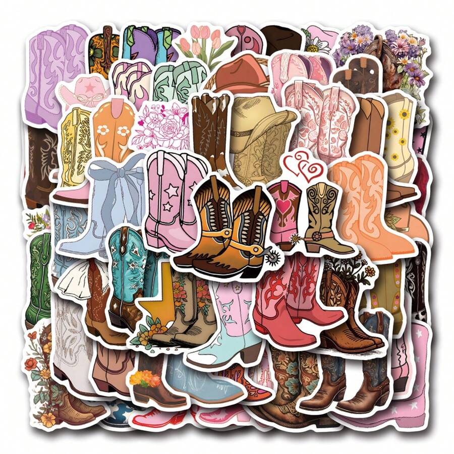 55pcs Cowgirl Cowboy Boots Flower Stickers - Vinyl Western Boots Floral Stickers For Cup, Diaries, Laptops, Luggage, Bumpers, Cell Phones, Scrapbooks, Scooters, Helmets, Car Cartoon Stickers And Decals