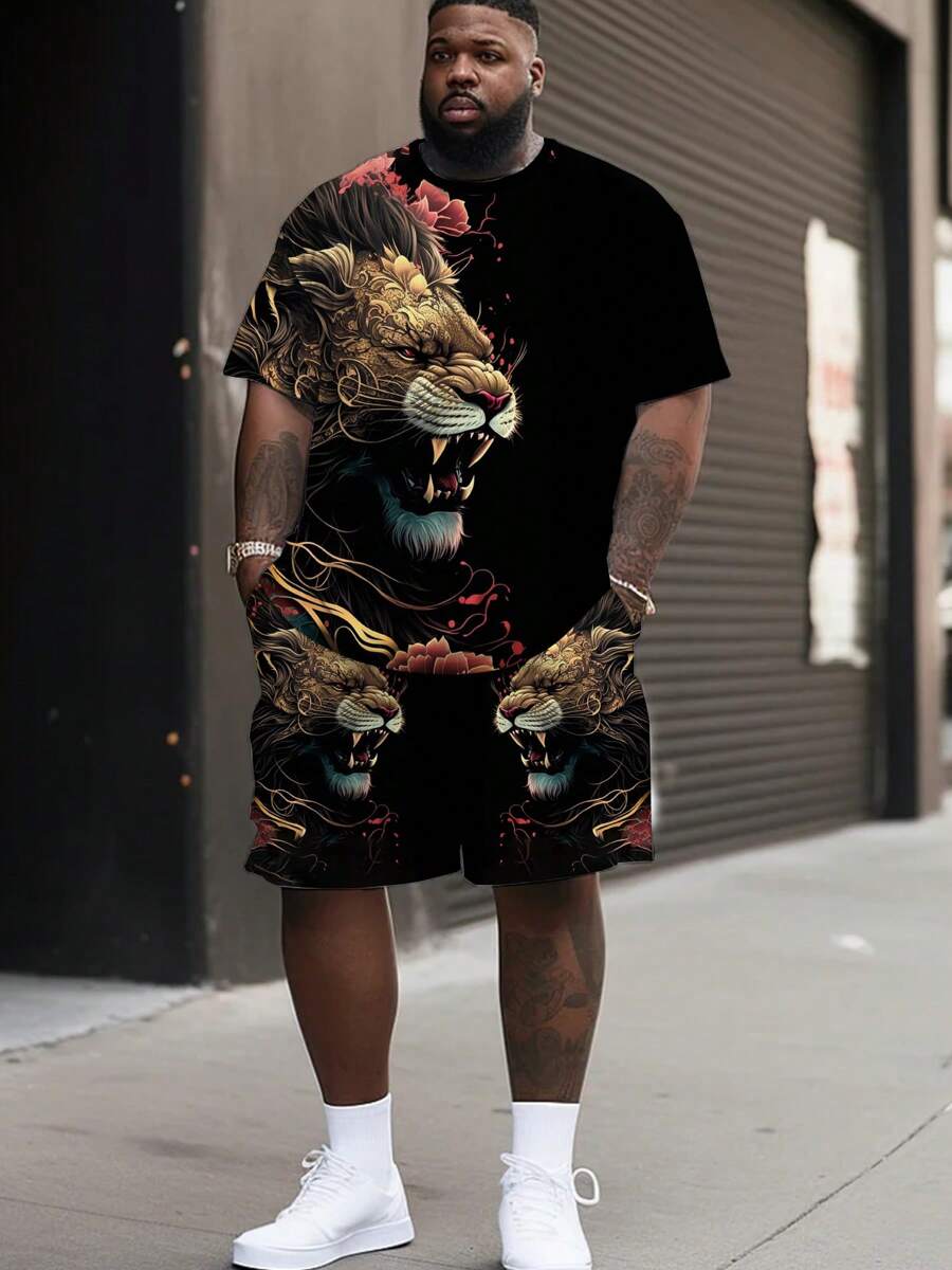 1 Set Plus Size Men's Numeric Print Round Neck Short Sleeve T-Shirt And Shorts Set, Casual Sports Style, All-Over Animal Pattern