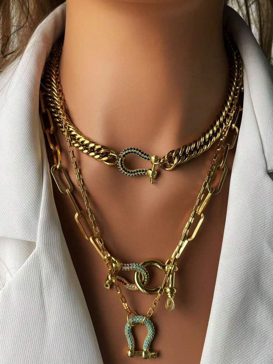STYLEVER 1 PC Silvery Charm Pendant Necklace,Gold Lock Charm Necklace,Colorful Mountain Climbing Chain, Shackle Charm Necklace,Stainless Steel Chain,U-Shaped Horseshoe Necklace