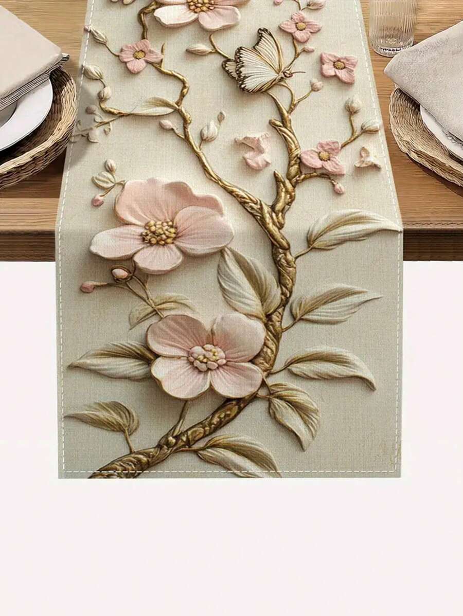 1 pieza, Camino de mesa con estampado floral, decoración estacional para la mesa de la cocina y el comedor en primavera y verano, adecuado para fiestas en interiores y exteriores del hogar