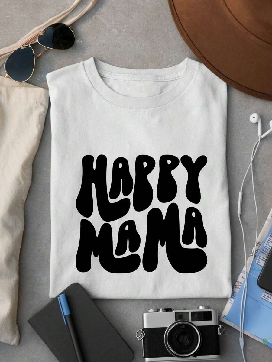Happy Mama T-Shirt, Crewneck Motherhood Shirt, Cute Mom Shirts, Mothers Day Gift, Mom Life Shirt, Plus Size High Quality Cotton Shirt