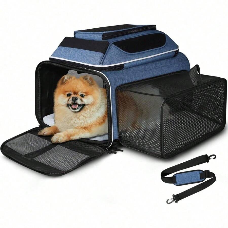 Top And Side Expandable 17x13x9.5 Inches Southwest Airline Approved, Soft-Sided Carrier For Small Cats And Dogs With Locking Safety Zippers And Anti-Scratch Mesh(Blue)