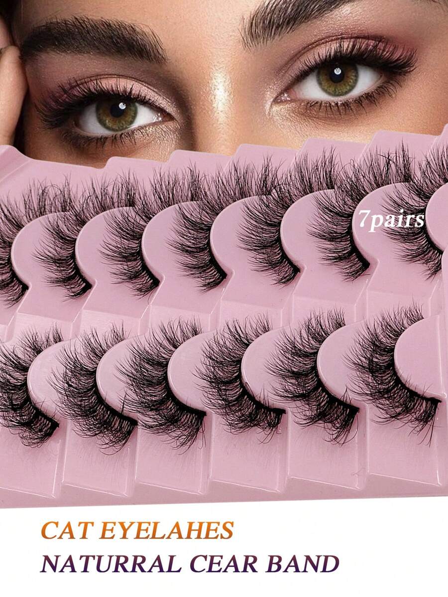 7pcs/Pack D-Shaped Curly, Fluffy, Thick, Natural, Soft, Lightweight, Reusable Fake Eyelashes For Makeup