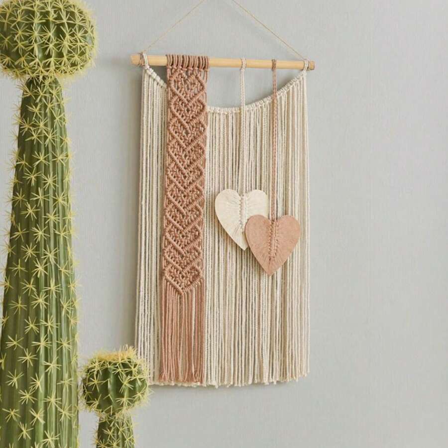 1 Pieza Colgante de Pared de Macramé, Decoración de Pared Estilo Bohemio, Tapiz Tejido a Mano con Flecos, Formas de Corazón y Hoja, Adecuado para Sala de Estar, Dormitorio, Oficina