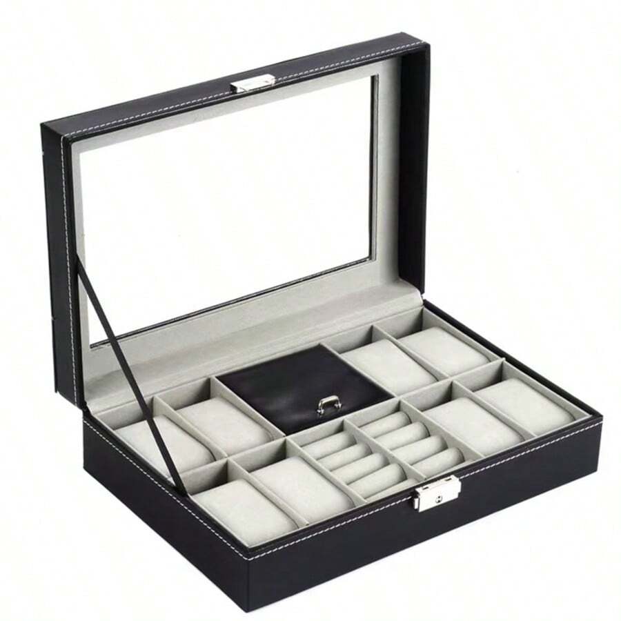 1 pieza Caja exhibidora de 8 compartimientos para relojes y anillos con ventana transparente, almacenamiento de joyas