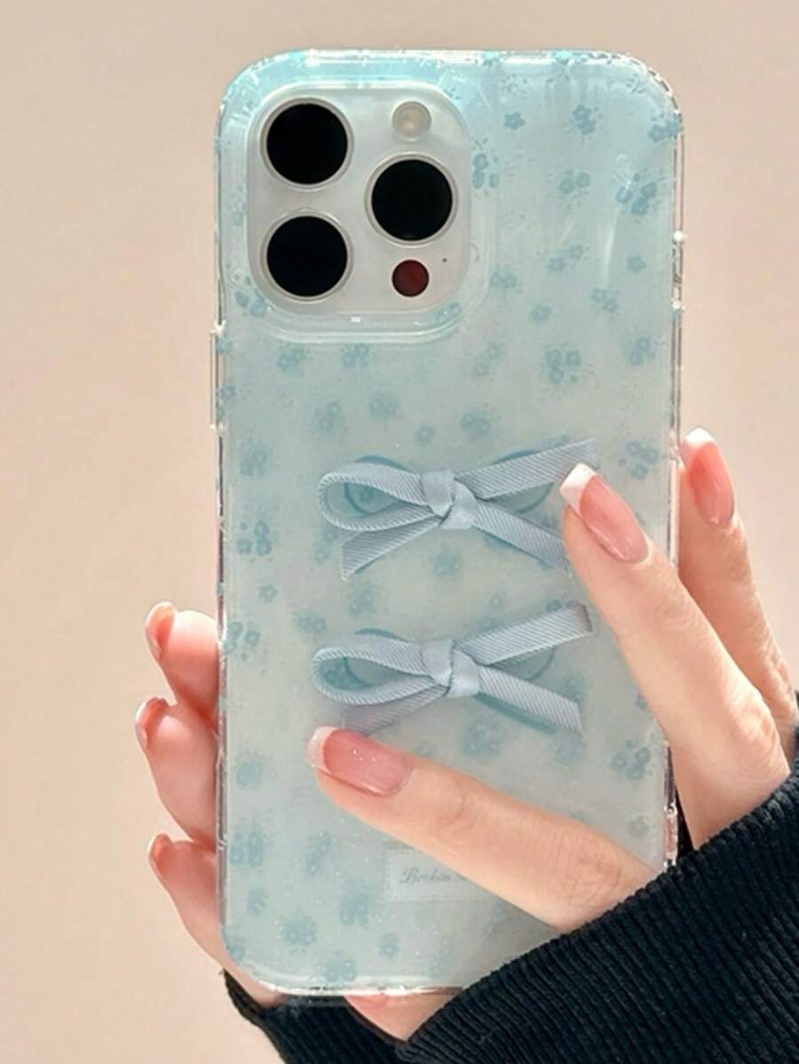 1 pieza Funda de teléfono de silicona suave compatible con iPhone 16, 15, 14, 13 Pro Max con diseño floral, lazo de encaje y brillo