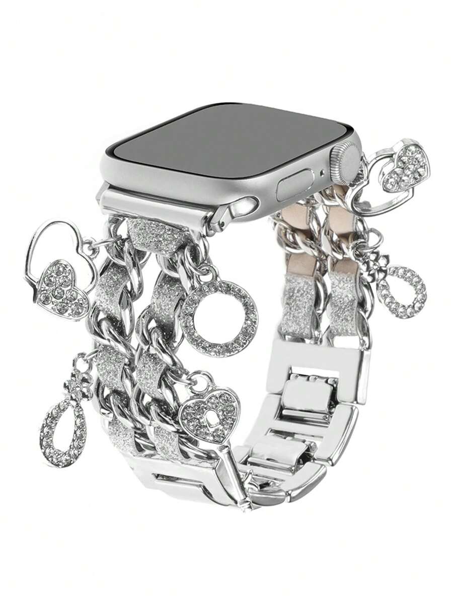 1PC Silver Sparkling Leather Chain Watch Bands With Love Pendant Zinc Alloy Straps 38/40/41/42mm 42/44/45/46/49mm Compatible With Apple Watch Ultra 2/SE/10/9/8/7/6/5/4/3/2/1