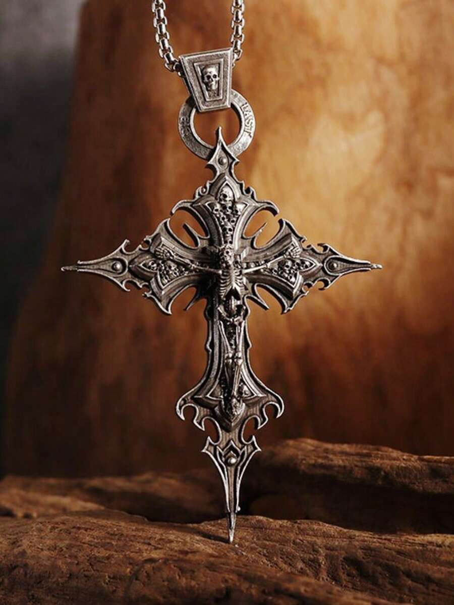 1 pieza Collar con colgante de calavera gótica vintage, cruz y Jesús, joyería católica para hombres, amuleto religioso punk, calavera gótica vintage