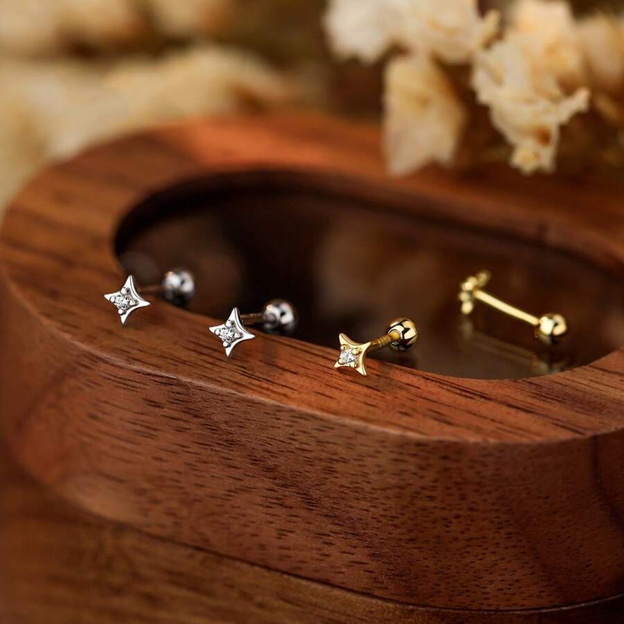 1 paire de délicates boucles d'oreilles à tige en étoile à 4 branches en argent pur 999, boucles d'oreilles polyvalentes pour femmes avec fermeture à vis