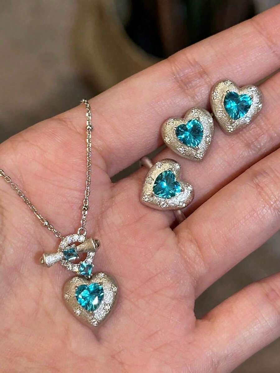 3pcs Set (Can Be Sold Separately) Luxury Vintage Elegant Paraiba Tourmaline Style Heart Shaped Ring, Necklace, Earrings With Zirconia Stone, Women Jewelry Suit, Suitable For Daily, Wedding, Party, Gift