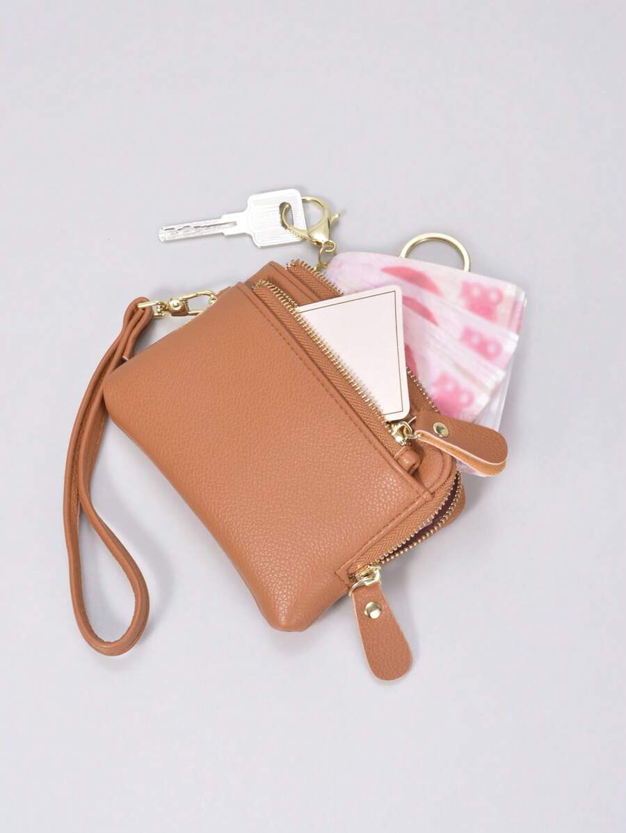 Mini Leather Coin Purse With Keychain Fashion Multi-Zipper Wristlet Card Holder Pouch For Women Wallet Mini Wallet Purse Wallet Wristlet Wallet Coin Wallet Wallet