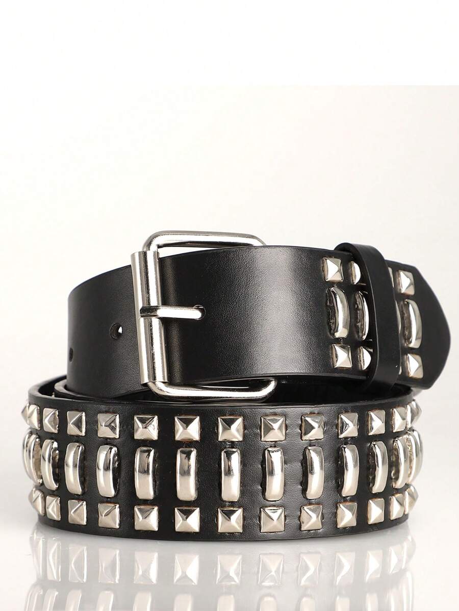 1 pièce Ceinture en jean pour homme avec boucle carrée punk, avec double rangée d'œillets argentés et décoration de chaîne, harnais de rue, Halloween scolaire