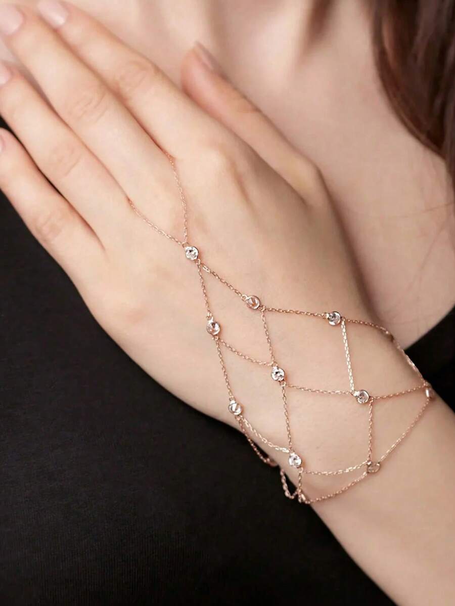 1 pieza Brazalete de dedo de malla con rhinestones, diseño único y de alta gama, accesorio de mano de verano