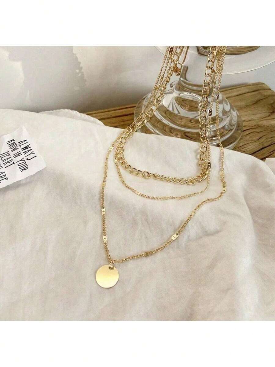 Colar Europeu Americano de Pingentes de Múltiplas Camadas Colar Feminino de Moda Feminina Colar de Cadeia de Clavícula de Disco de Contas de Ouro Único