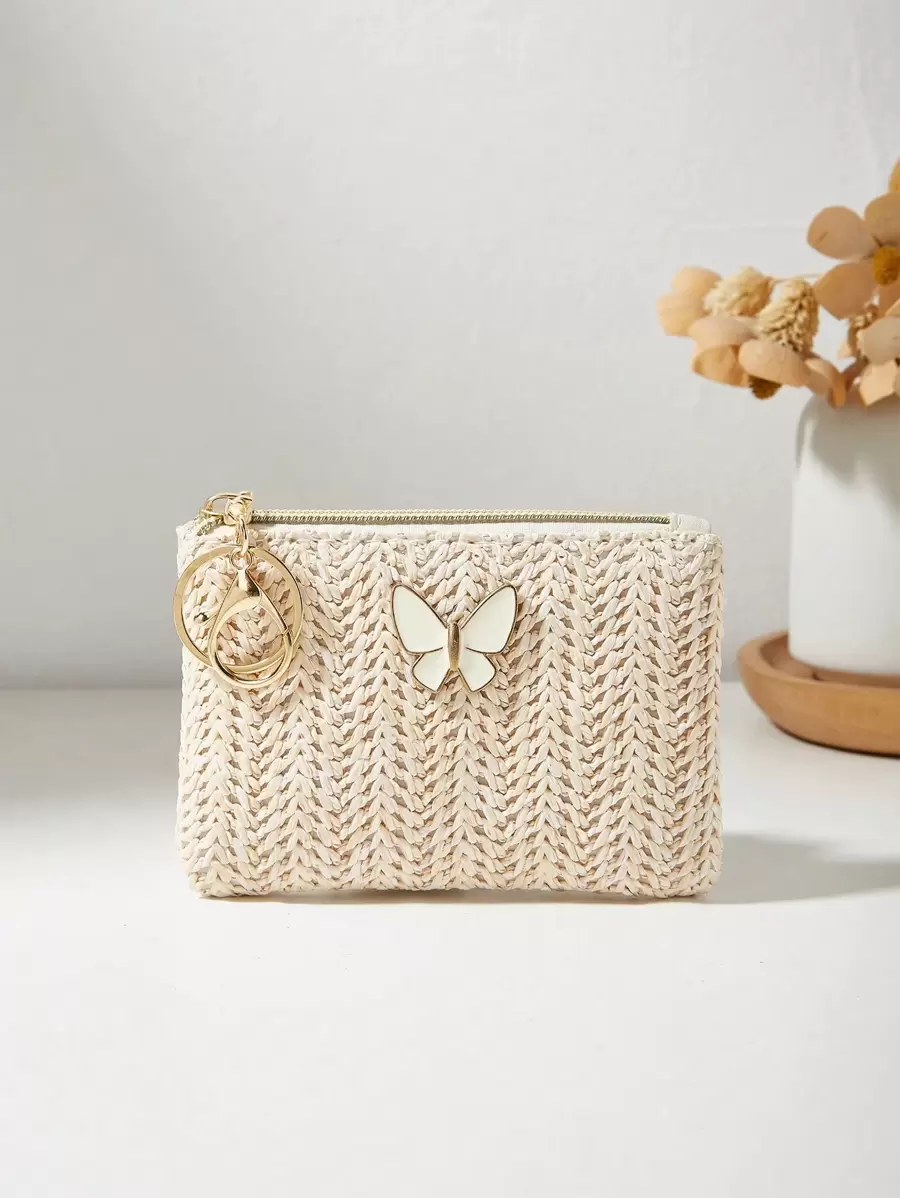 Bolso de paja trenzado con lazo decorativo, cartera para lápiz labial y monedas, bolso de playa de verano para mujeres, cartera mini, monedero, cartera de monedas, cartera