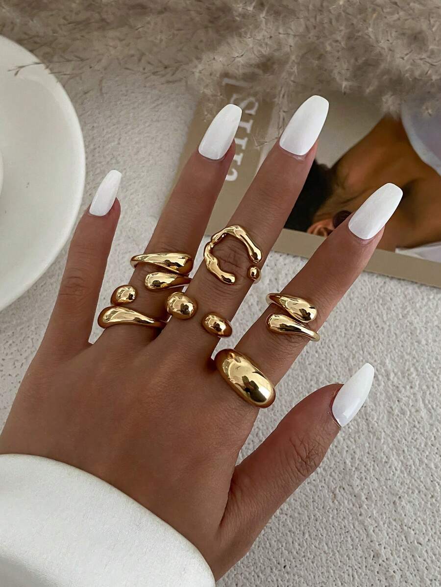 6pcs/Set Vintage Minimalist Alloy Molten Lava Teardrop Design Open Rings, Asymmetrical Fashionable Thick Metal Gold Tone Ring Set, Suitable For Women's Daily Commute, Holiday Gifts, Party Decoration, Charming Jewelry Gift Set