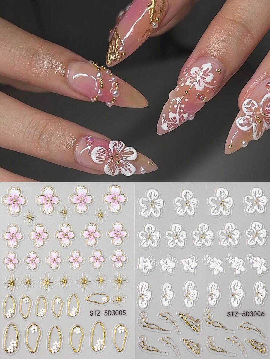 2pcs White Pink Hibiscus Flower Wedding Nails 5D Embossed Nail Art Stickers, French Tips Nails Charm Golden Line & Star Beads Soft Carving Self Adhesive Blooming Floral Design Nail Art Decals For Nail Art Decoration, Nail Supplies