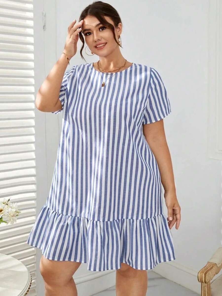 Plus Size Printed Striped Casual Loose Ruffled Hem Short Sleeve Dress, Summer Lounge Wear