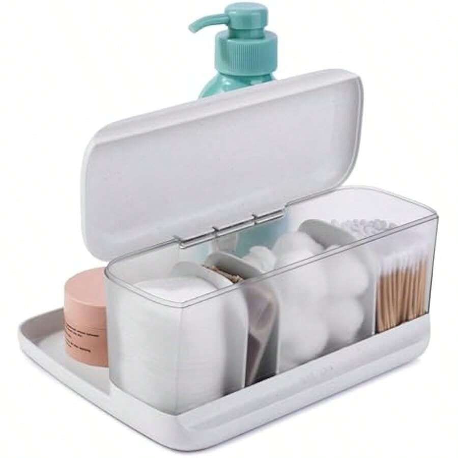 1acYouCopia HideAway Counter Caddy Bathroom Vanity Countertop Organizer Tray With Adjustable Dividers And Lid