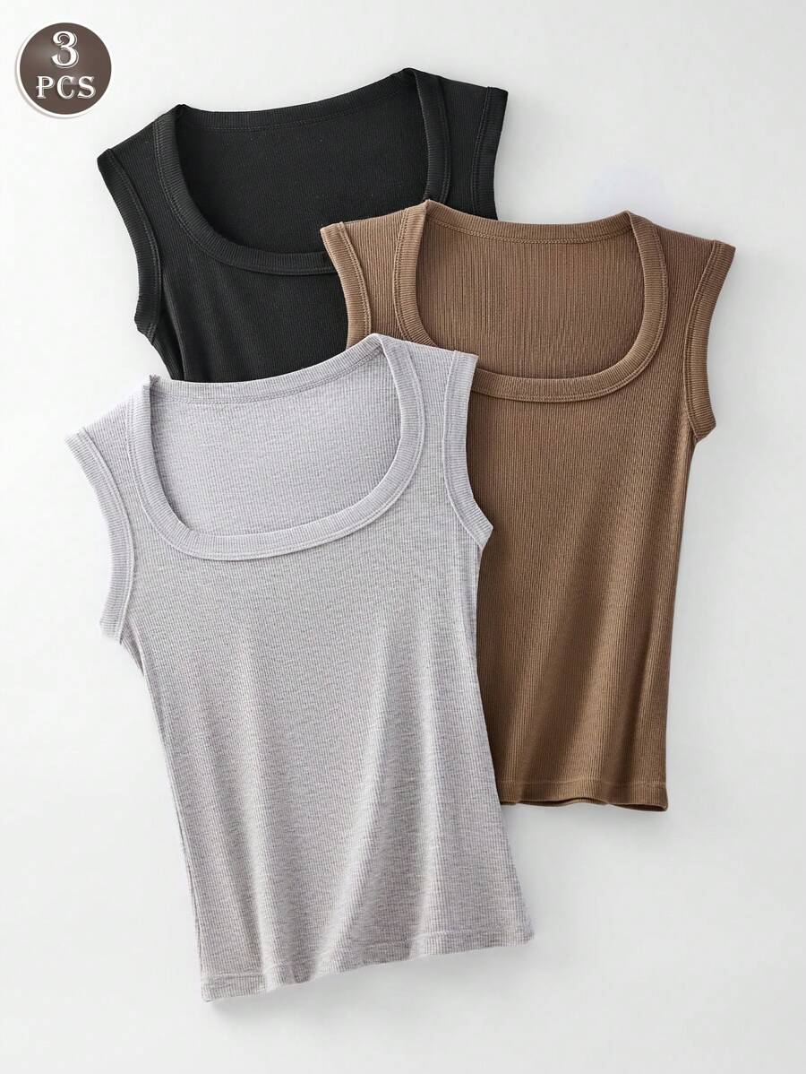 Juego de 3 tops camiseta interior sin mangas de mujer de mezcla de algodón sin costuras, capa base elástica