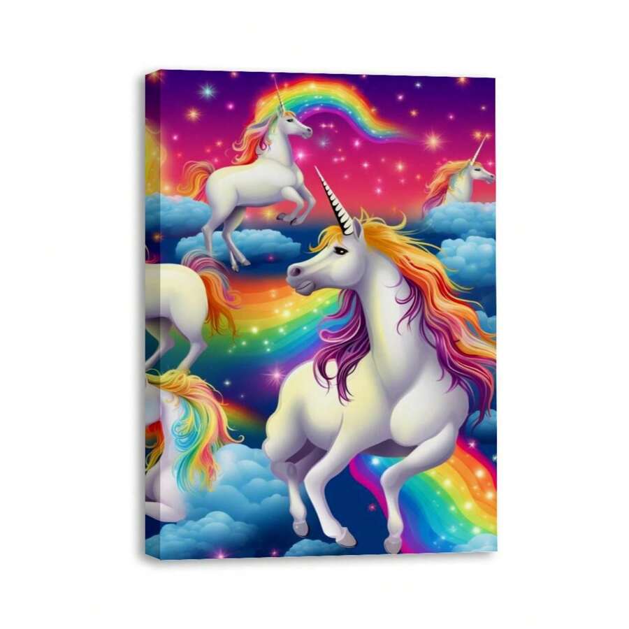 1 Piece Home Wall Decor Framed Canvas Rainbow Unicorn Cartoon Pattern Canvas Wall Art Paintings For Living Room - Canvas Framed Print Wall Artworks Bedroom Decoration Office Wall Decor