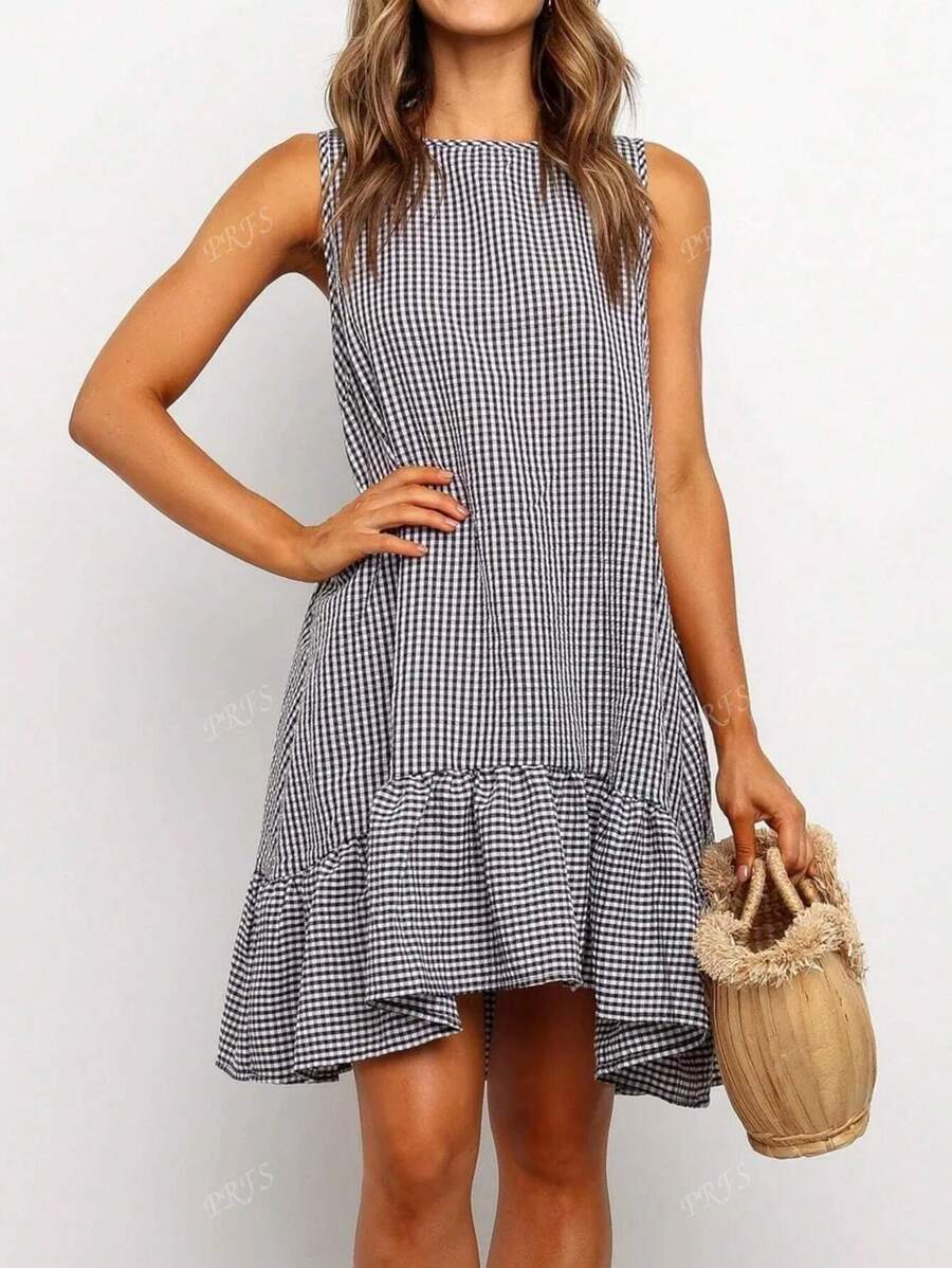 Plaid Casual Summer Vacation Elegant Full Body Casual Bohemian Elegant Woven Fabric Ruffle Hem Beach Party Evening Date Sports Office Home Garden